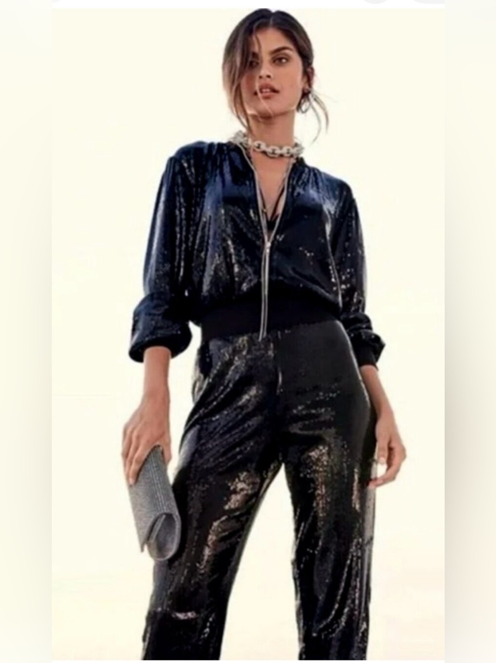 VENUS Black Sequin Jogger Jumpsuit